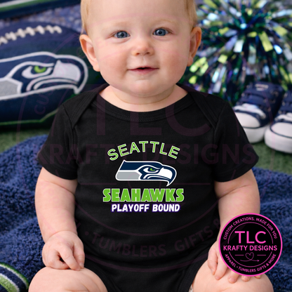 Playoff Bound Large Logo Seattle Football Onesie Green Writing Design Two - Football Game Day Onesie CK