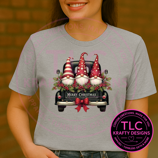 Christmas Gnomes in Truck T-Shirt – Cute Holiday Gnome Design | Festive Winter Short or Long Sleeve Tee