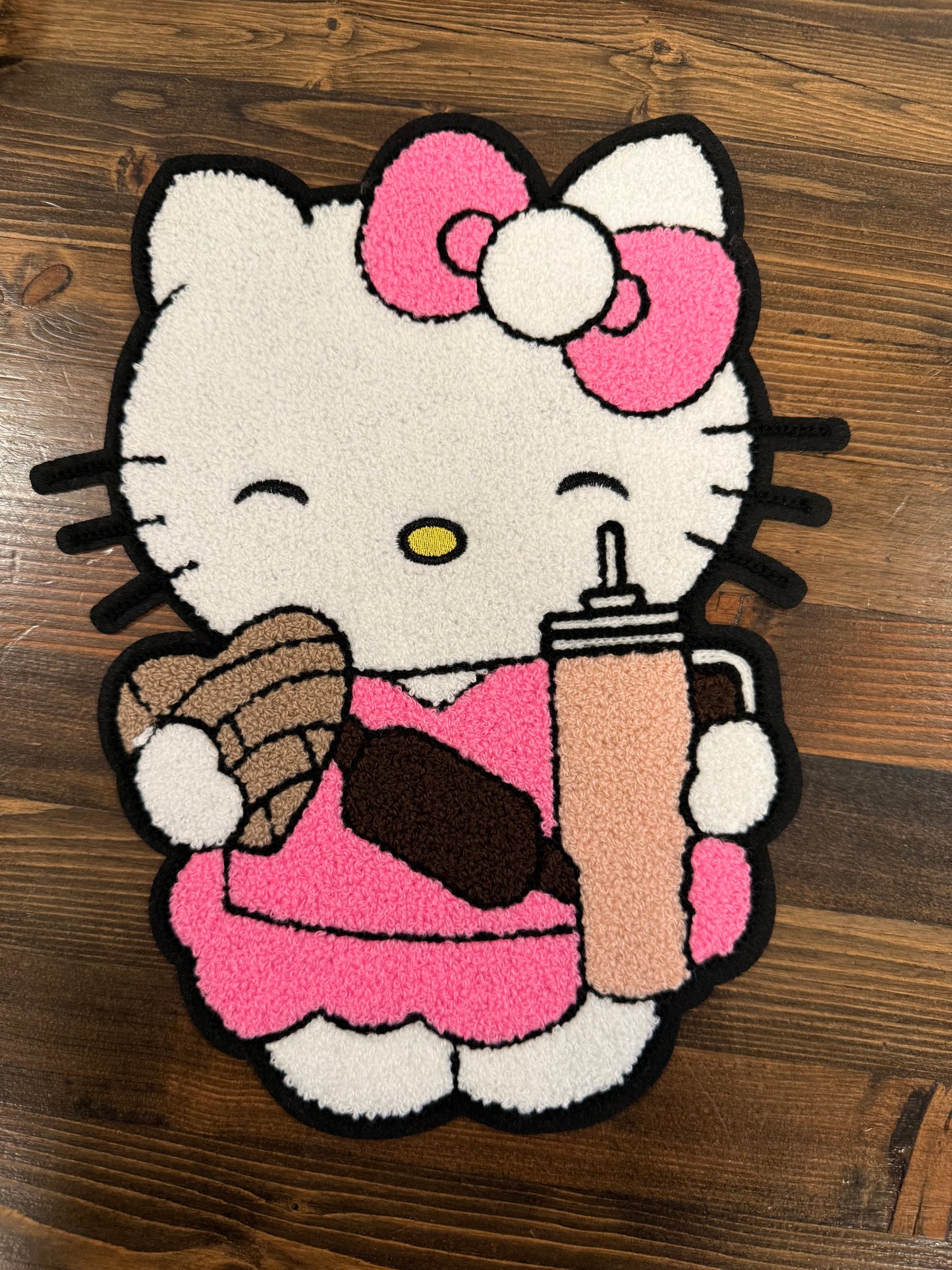 XL Coffee Cat Chenille Patch – Cute Coffee Lover Iron-On Patch for Sweatshirts & Jackets