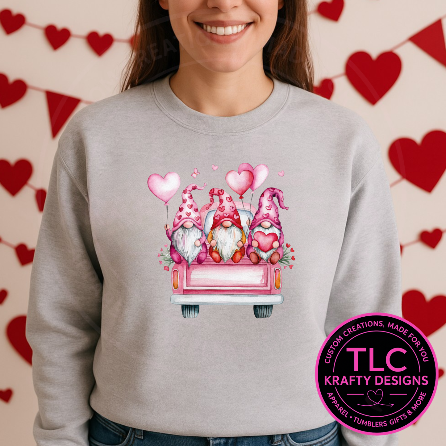 Valentine Gnome Truck Shirt or Sweatshirt – Cute Pink Gnome Valentine Apparel