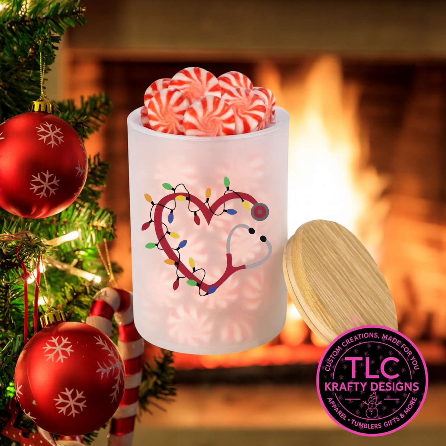 Stethoscope Heart with Christmas Lights 10oz Frosted Glass Candle or Trinket Holder with Bamboo Lid CK