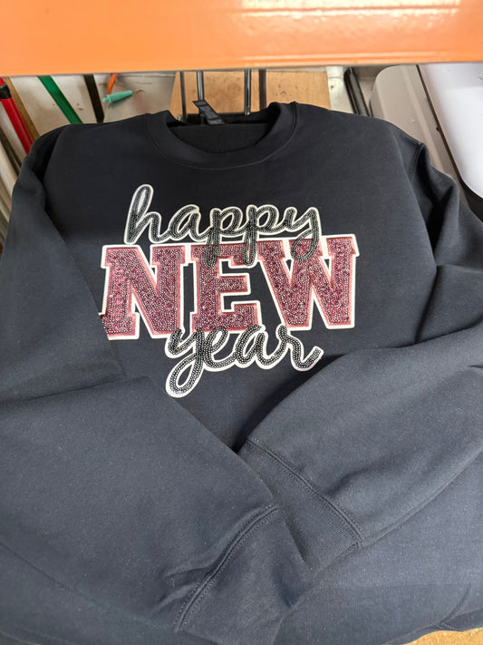 Happy New Year Sequin Patch Sweatshirt – Cozy Holiday Sequin and Chenille Patch Crew Neck or Hoodie