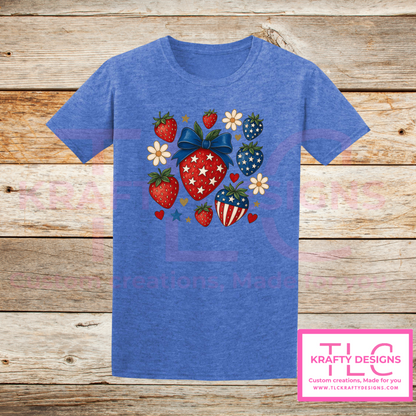 Patriotic Strawberry Tee – Red, White & Blue Summer Style