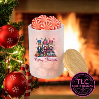 Merry Christmas Nutcrackers 10oz Frosted Glass Candle or Trinket Holder with Bamboo Lid CK