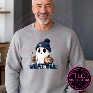 Seattle Baseball Ghost Hoodie – Cozy Fall Halloween Sweatshirt with Pumpkin & Coffee Design