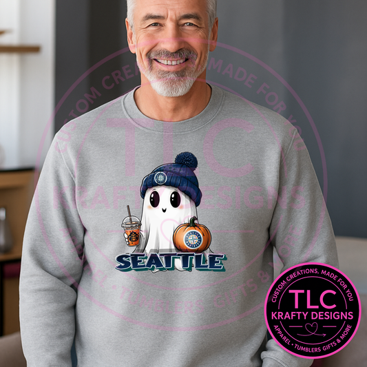 Seattle Baseball Ghost Hoodie – Cozy Fall Halloween Sweatshirt with Pumpkin & Coffee Design