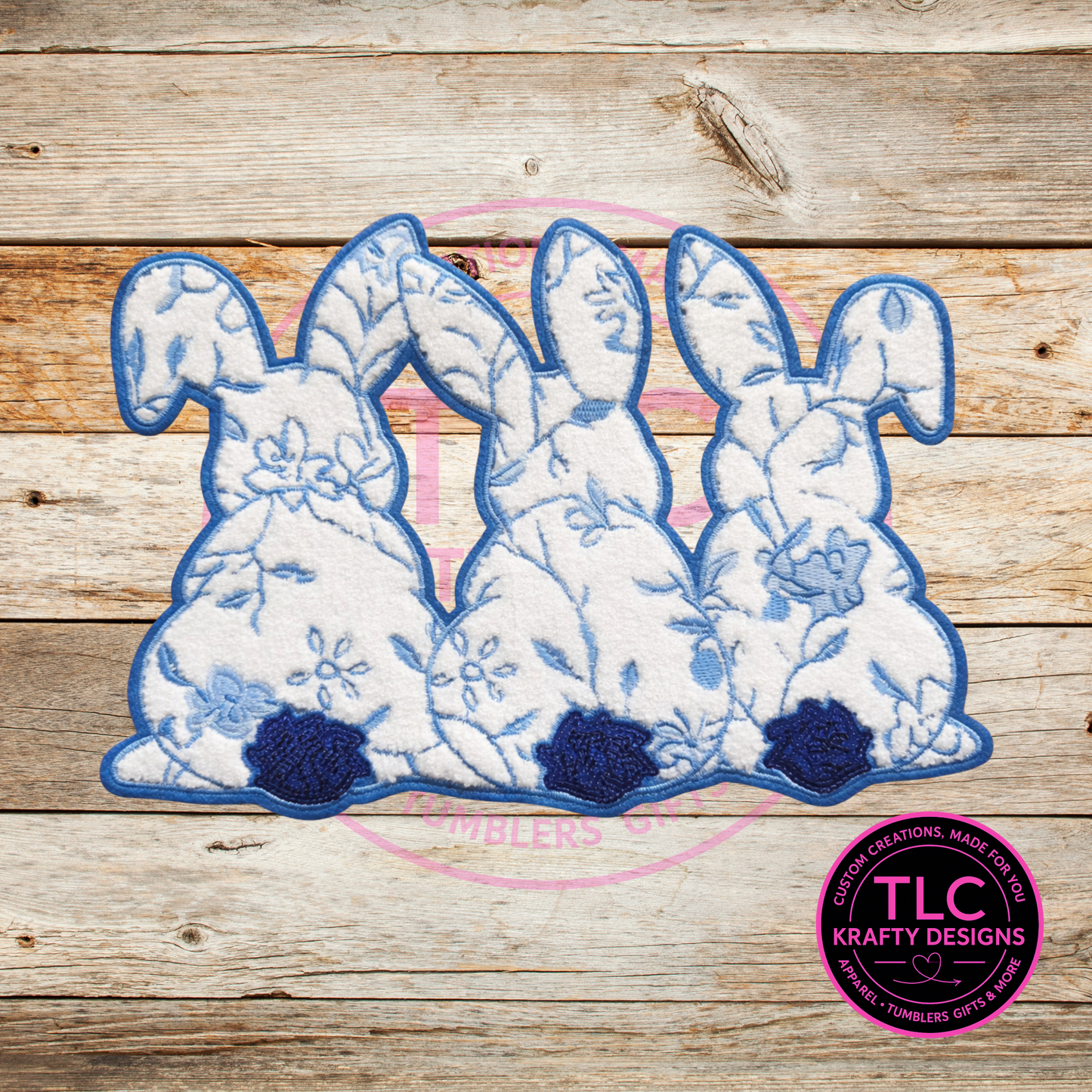 Blue Floral Bunny Trio Chenille Patch Shirt or Sweatshirt – Floral Easter Bunny Apparel, Cozy Spring Statement Top