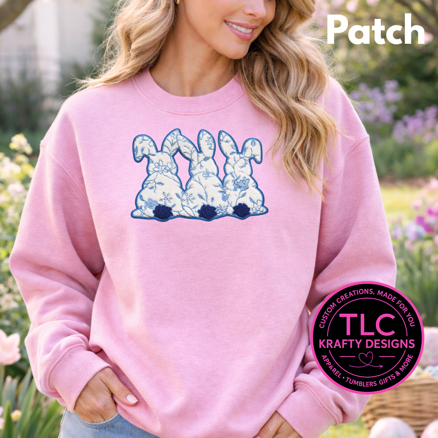 Blue Floral Bunny Trio Chenille Patch Shirt or Sweatshirt – Floral Easter Bunny Apparel, Cozy Spring Statement Top