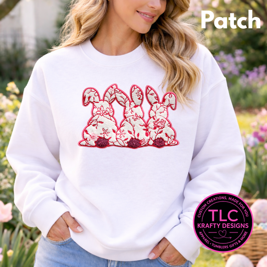 Pink Floral Bunny Trio Chenille Patch Shirt or Sweatshirt – Floral Easter Bunny Apparel, Cozy Spring Statement Top