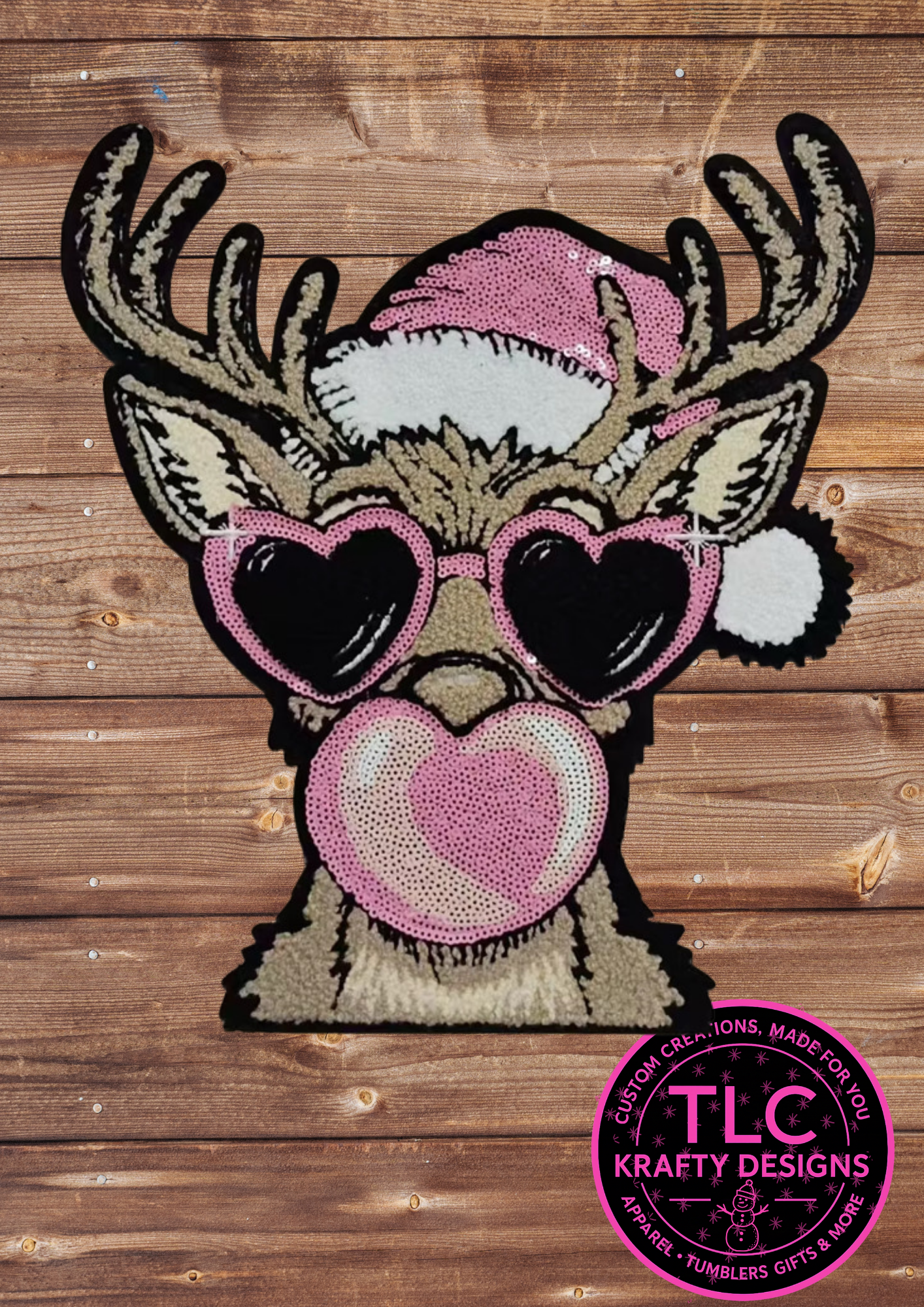 XL Pink Reindeer Chenille Patch – Holiday Deer with Heart Sunglasses & Bubblegum preorder