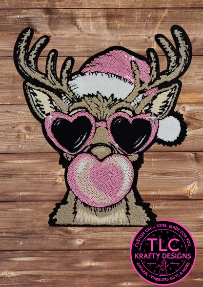 XL Pink Reindeer Chenille Patch – Holiday Deer with Heart Sunglasses & Bubblegum