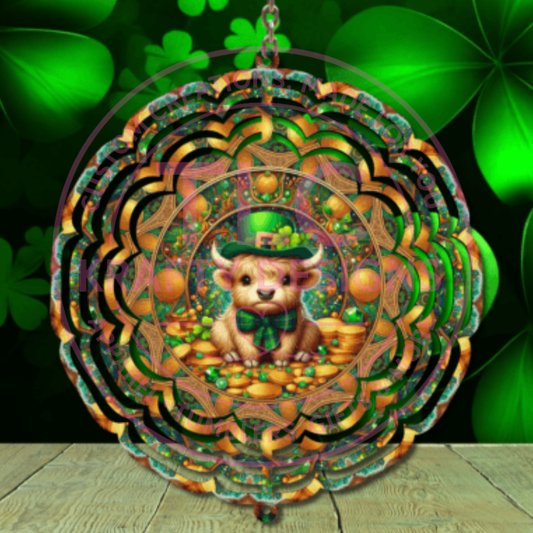 Highland Cow Calf St. Patrick's Day Wind Spinner – Vibrant Outdoor Garden Décor