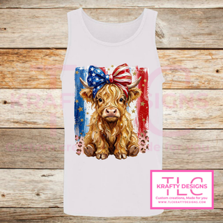 Patriotic Highland Cow With Bow Design – Patriotic Summer Apparel