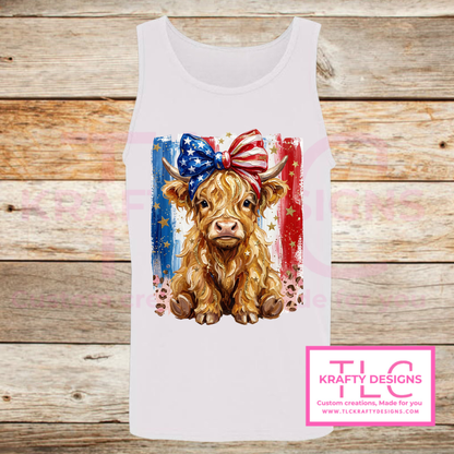 Patriotic Highland Cow With Bow Design – Patriotic Summer Apparel