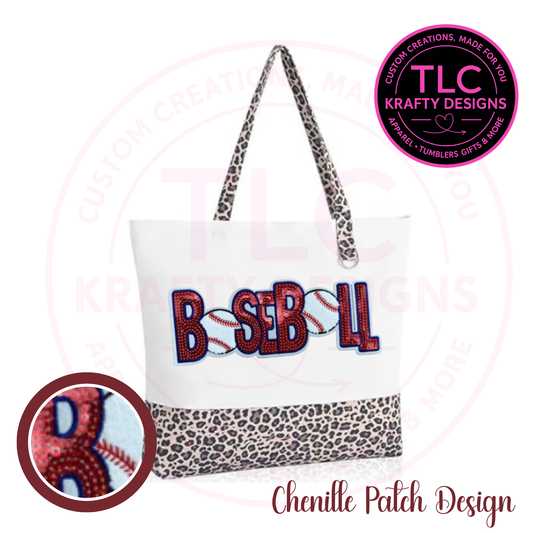 Baseball Chenille and Sequin Patch Canvas Tote Bag