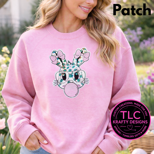 Bubble Gum Bunny Chenille Patch Shirt or Sweatshirt – Leopard Easter Bunny Apparel, Cozy Spring Statement Top