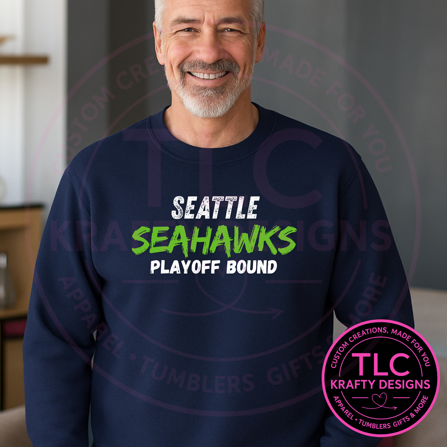 Playoff Bound Distressed Look Seattle Football Sweatshirt White Writing – Football Season Crew Neck or Hoodie CK