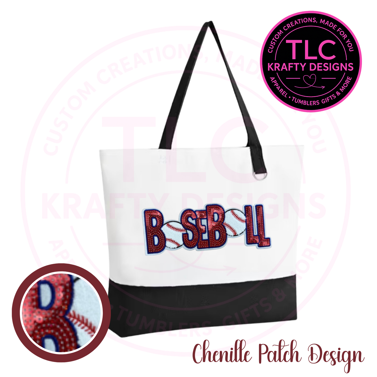 Baseball Chenille and Sequin Patch Canvas Tote Bag