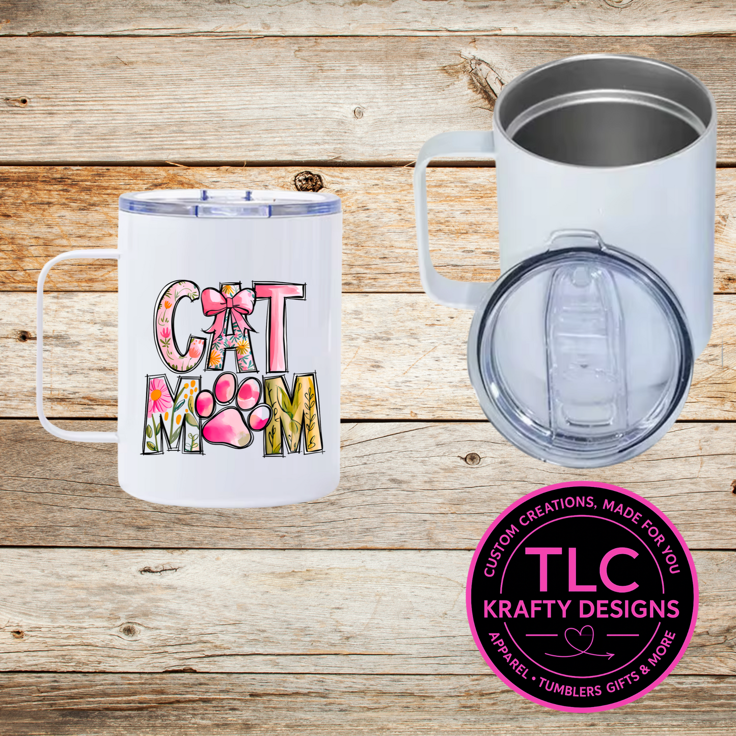 Cat Mom Mug – 12oz Travel Mug with Lid, Floral Paw Print Coffee Cup
