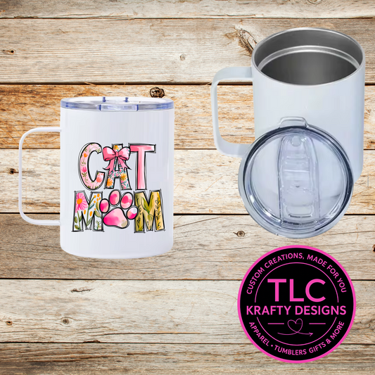 Cat Mom Mug – 12oz Travel Mug with Lid, Floral Paw Print Coffee Cup