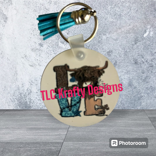 Highland Cow LOVE image Keychain with Tassel