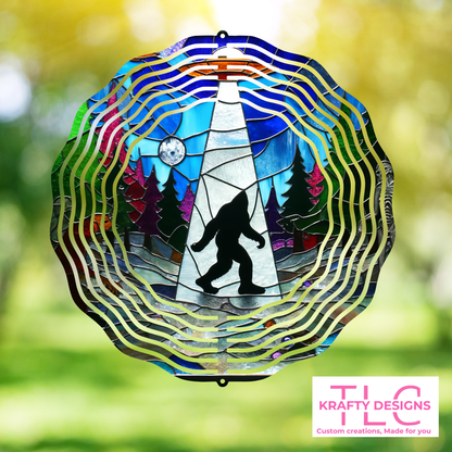 Bigfoot in the Forest 10” Wind Spinner – Stained Glass UFO-Inspired Metal Garden Art