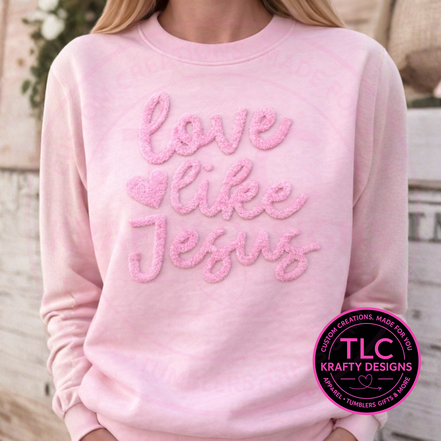 XL Love Like Jesus Pink Fuzzy Chenille Patch - Valentine's Day Iron-On/ Sew-On Appliqué