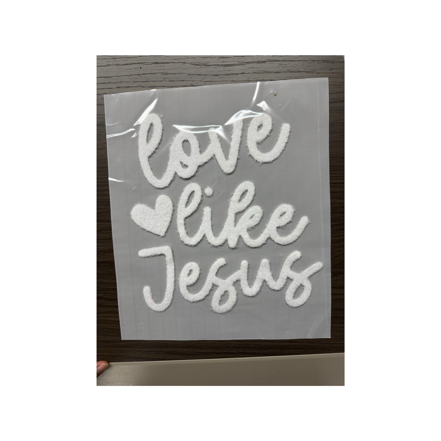 XL Love Like Jesus White Fuzzy Chenille Patch - Valentine's Day Iron-On/ Sew-On Appliqué