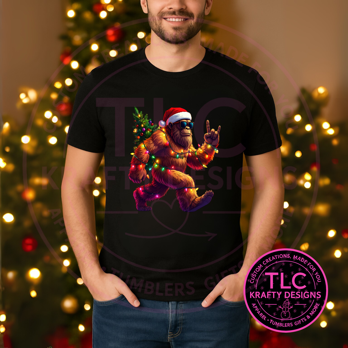 Sasquatch Christmas Lights T-Shirt -  Festive Christmas Long or Short Sleeve Tee CK