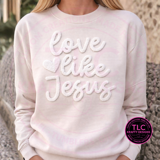 XL Love Like Jesus White Fuzzy Chenille Patch - Heat Press/Iron-On Appliqué