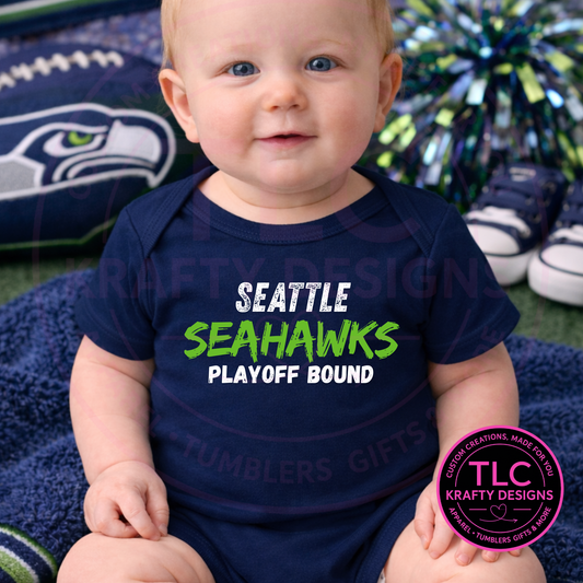 Playoff Bound Distressed Look Seattle Football Onesie White Writing - Football Game Day Onesie CK