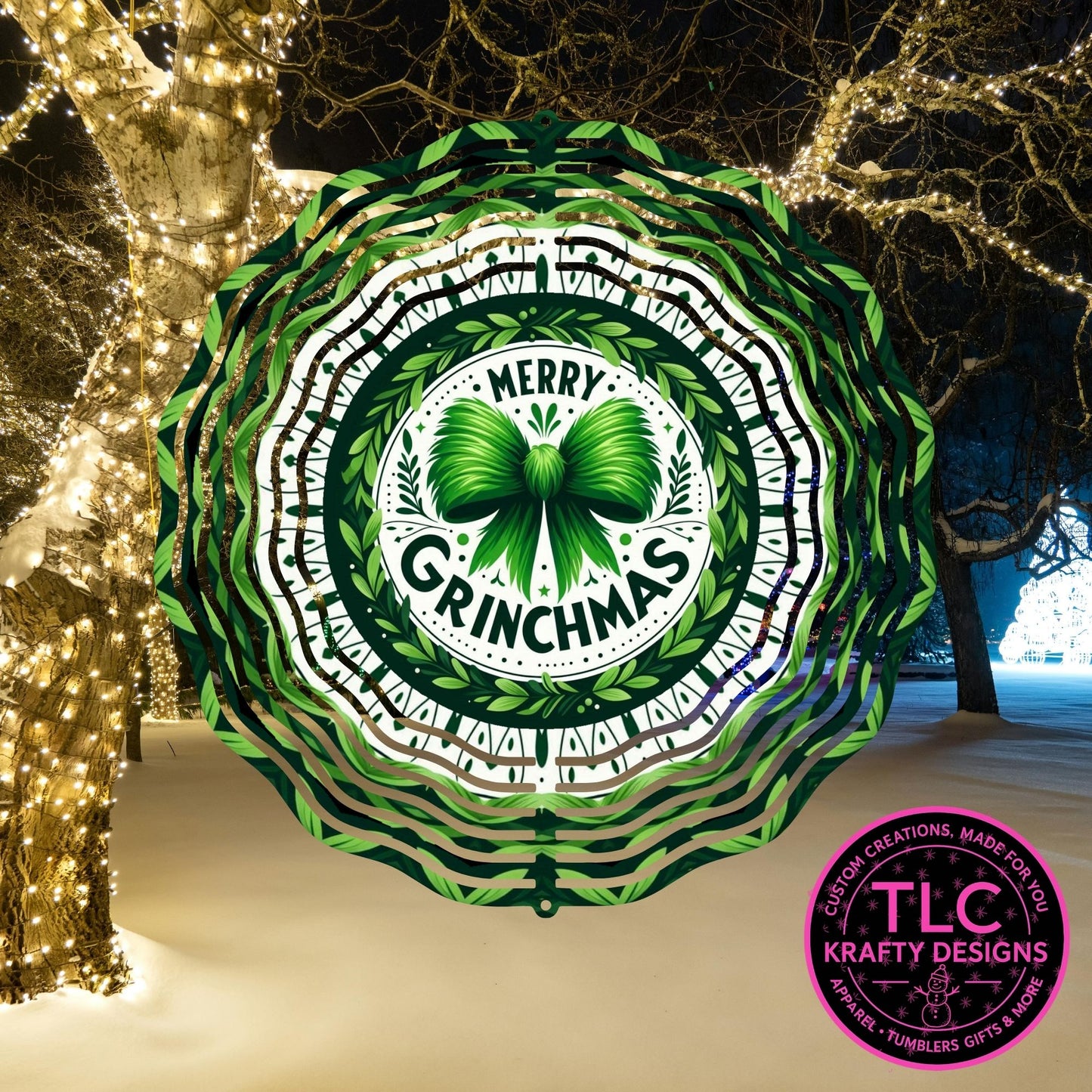 Merry Grinchmas Bow 10” Wind Spinner – Festive Christmas Sublimated Metal Yard Décor CK