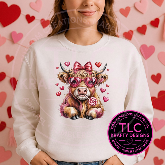 Valentine Highland Cow Shirt or Sweatshirt – Pink Bow Cow with Hearts & Lollipop Design