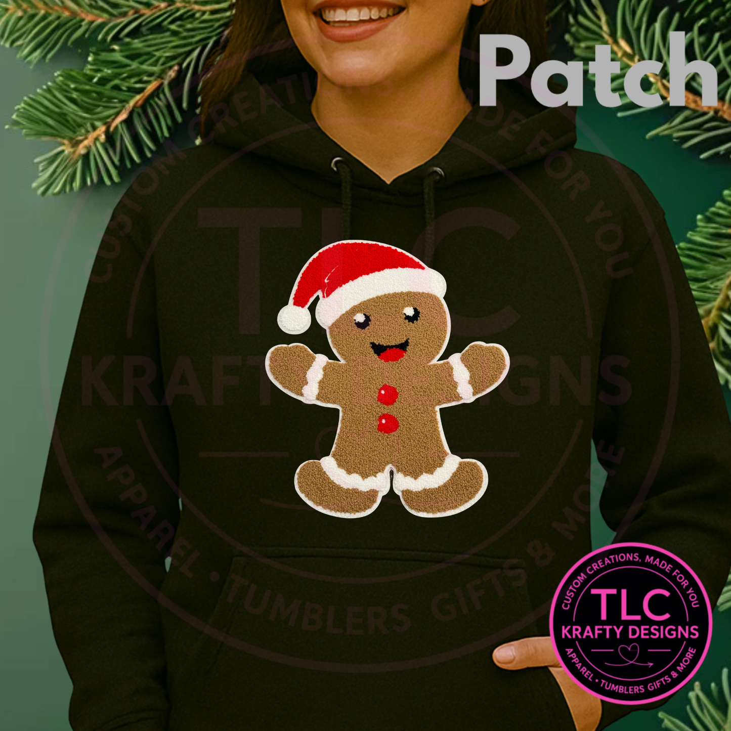 🎄 Gingerbread Man Patch – Holiday Chenille Extra Large Iron-On with Santa Hat (Approx. 10”)