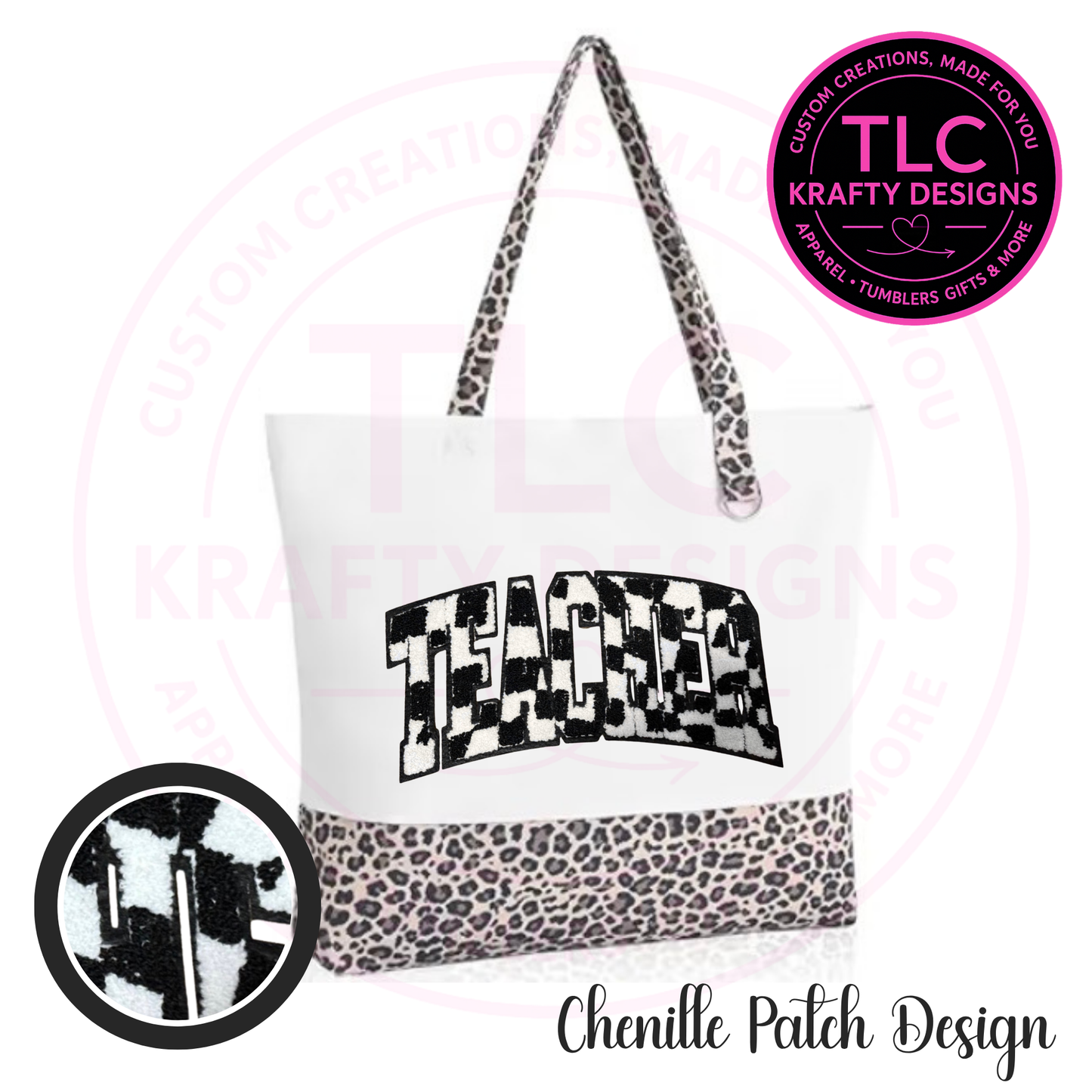 Cow Print Teacher Chenille Patch Canvas Tote Bag