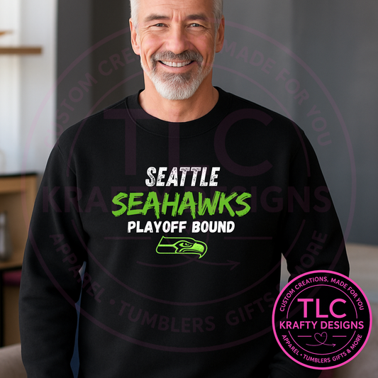 Playoff Bound Distressed Look with Logo Seattle Football Sweatshirt – Football Season Crew Neck or Hoodie CK