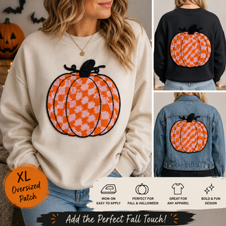 Pumpkin Chenille Patch XL Iron-On Patch, Orange Checkered Pumpkin Patch, Fall Jacket Patch, Halloween Sweatshirt Patch
