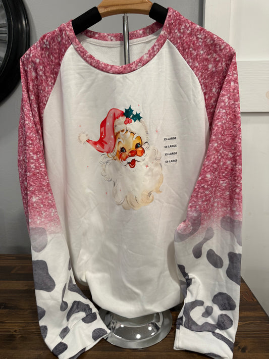 Vintage Santa Raglan Top – Pink Snowflake Long Sleeve Christmas Top