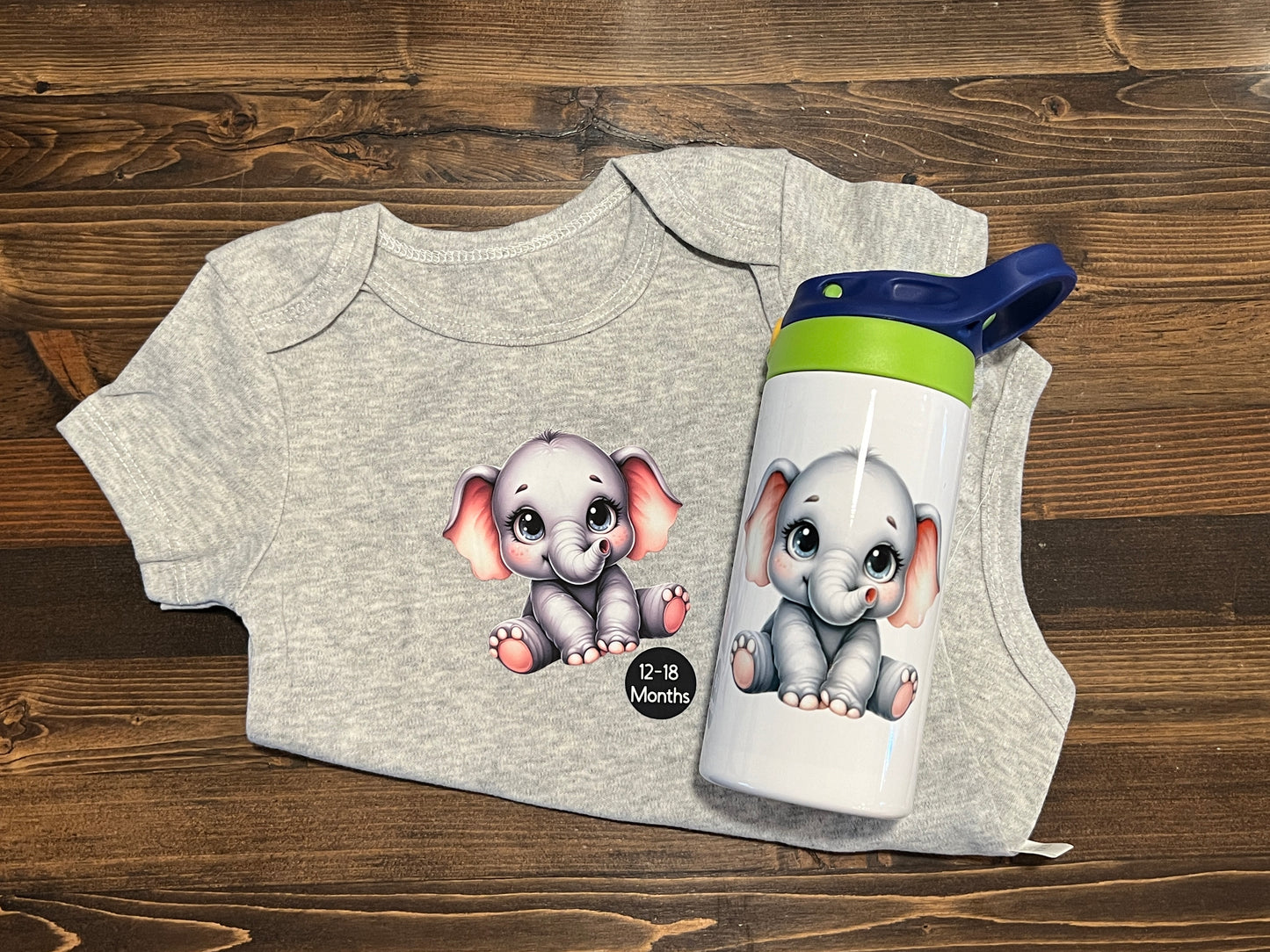 Adorable Elephant 12-18 Month Onesie and Flip Top Tumbler Set