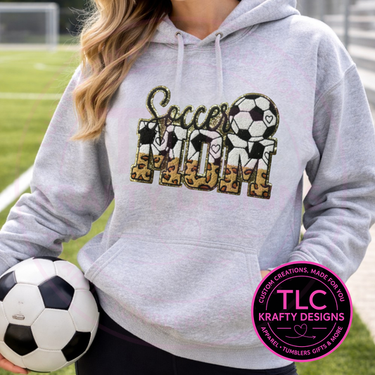 Soccer Mom Hoodie Sweatshirt – Leopard Chenille Soccer MOM Patch Crewneck