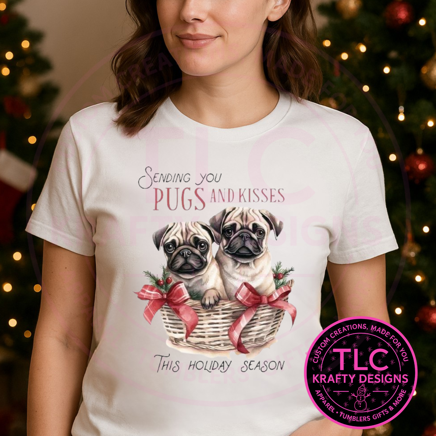 Pugs and Kisses Christmas T-Shirt – Festive Holiday Dog Lover Long or Short Sleeve Tee CK