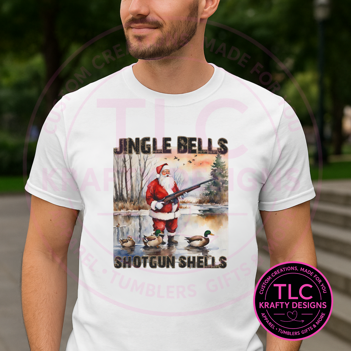 Shotgun Shells Santa Ducks in Front Design T-Shirt - Outdoorsy Christmas Long or Short Sleeve Tee CK