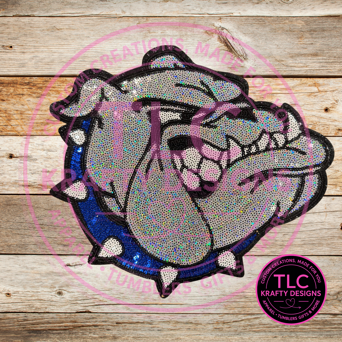 XL Bulldog Sequin Patch Blue Collar – Spirit Wear Iron-On / Sew-On Appliqué CK