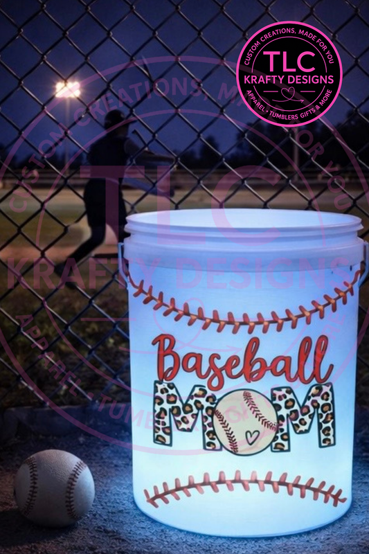 Baseball Mom White LED Bucket with Lid | Custom UVT Design + Seat Lid Upgrade
