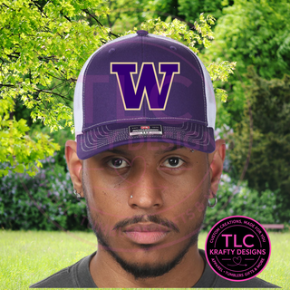 Purple & White Trucker Hat with Patch Logo – Custom Sports-Inspired Cap
