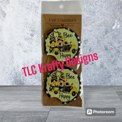 Bee Happy Gnomes in a yellow picup truck neoprene 2.75" Car Coasters