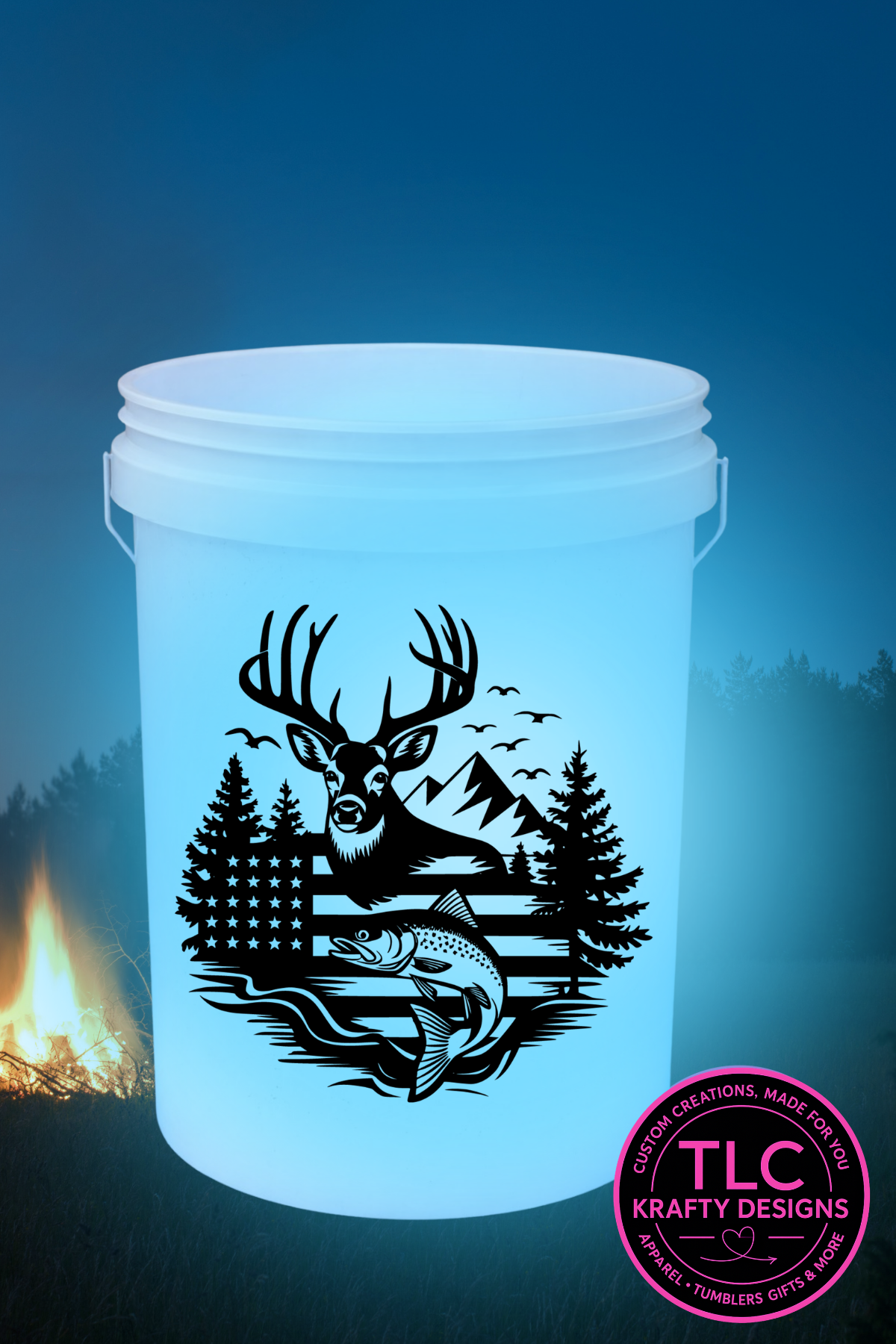 Deer Fishing White LED Bucket with Lid | Custom UVT Design + Seat Lid Upgrade