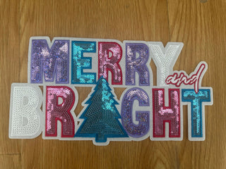 XL Merry and Bright Sequin Patch – Sparkly Christmas Appliqué with Teal Tree & Rainbow Letters preorder
