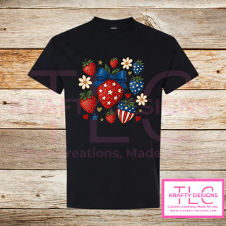 Patriotic Strawberry Tee – Red, White & Blue Summer Style
