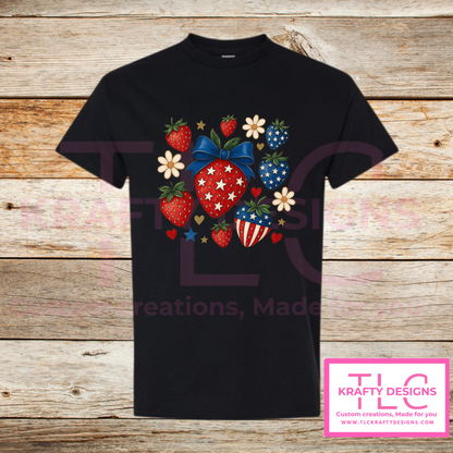 Patriotic Strawberry Tee – Red, White & Blue Summer Style